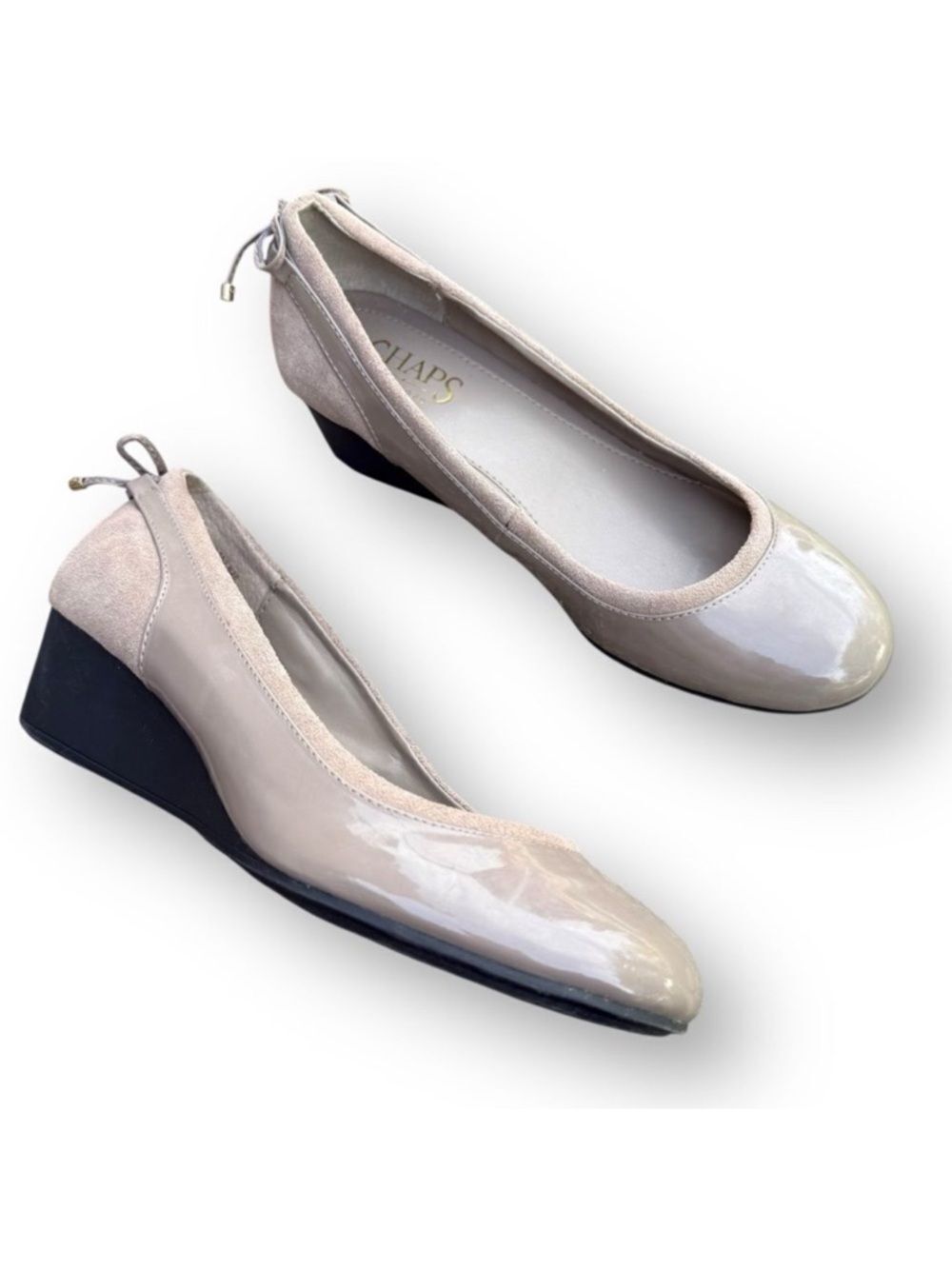 Chaps Irina Brown Tan Patent Leather Suede Wedge Pump Shoes Size 7 B